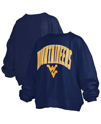 Pressbox - Women's Navy West Virginia Mountaineers Janise Arch Over Logo Waist Length Oversized Pullover Sweatshirt