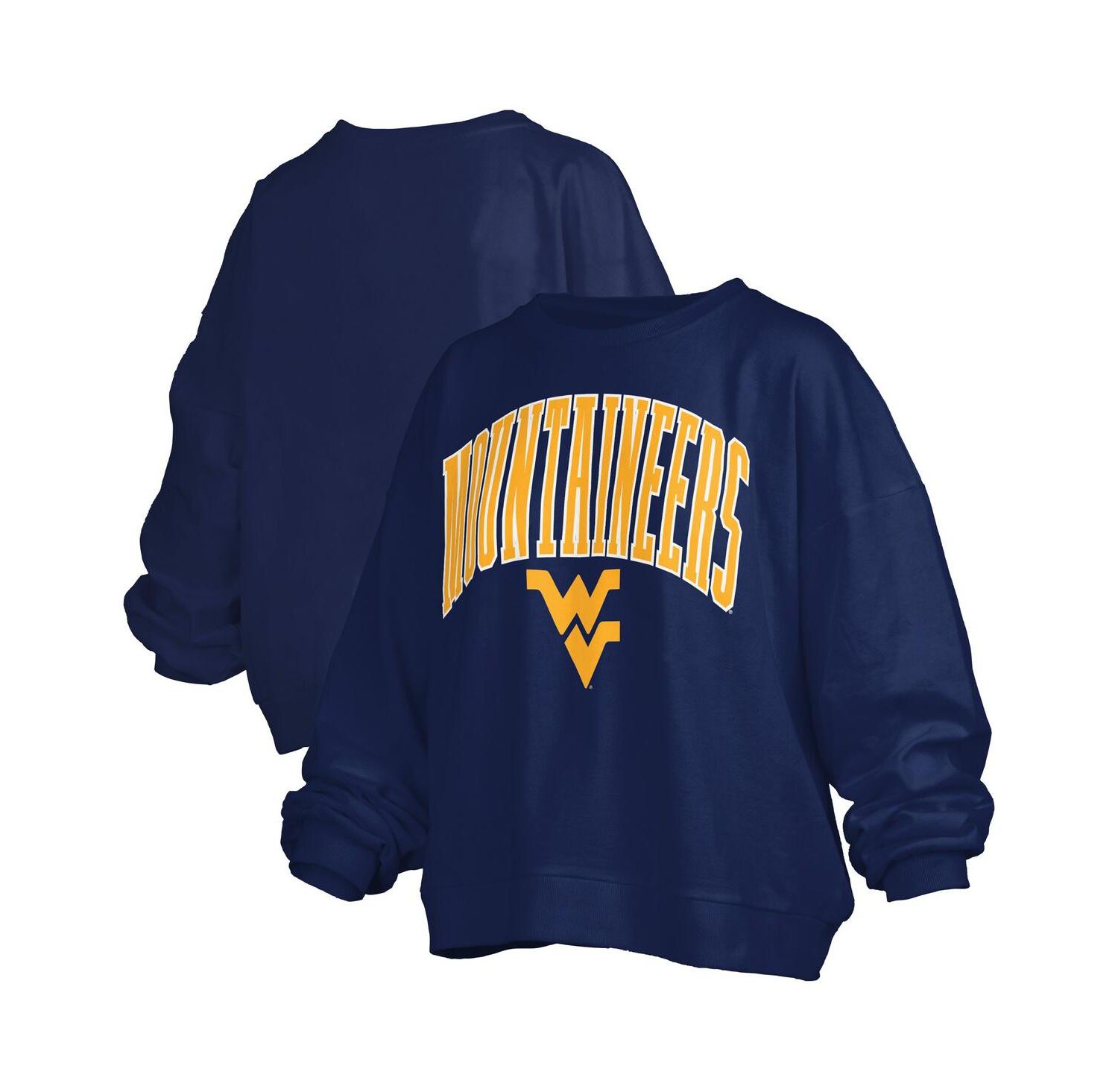 Women's Navy West Virginia Mountaineers Janise Arch Over Logo Waist Length Oversized Pullover Sweatshirt
