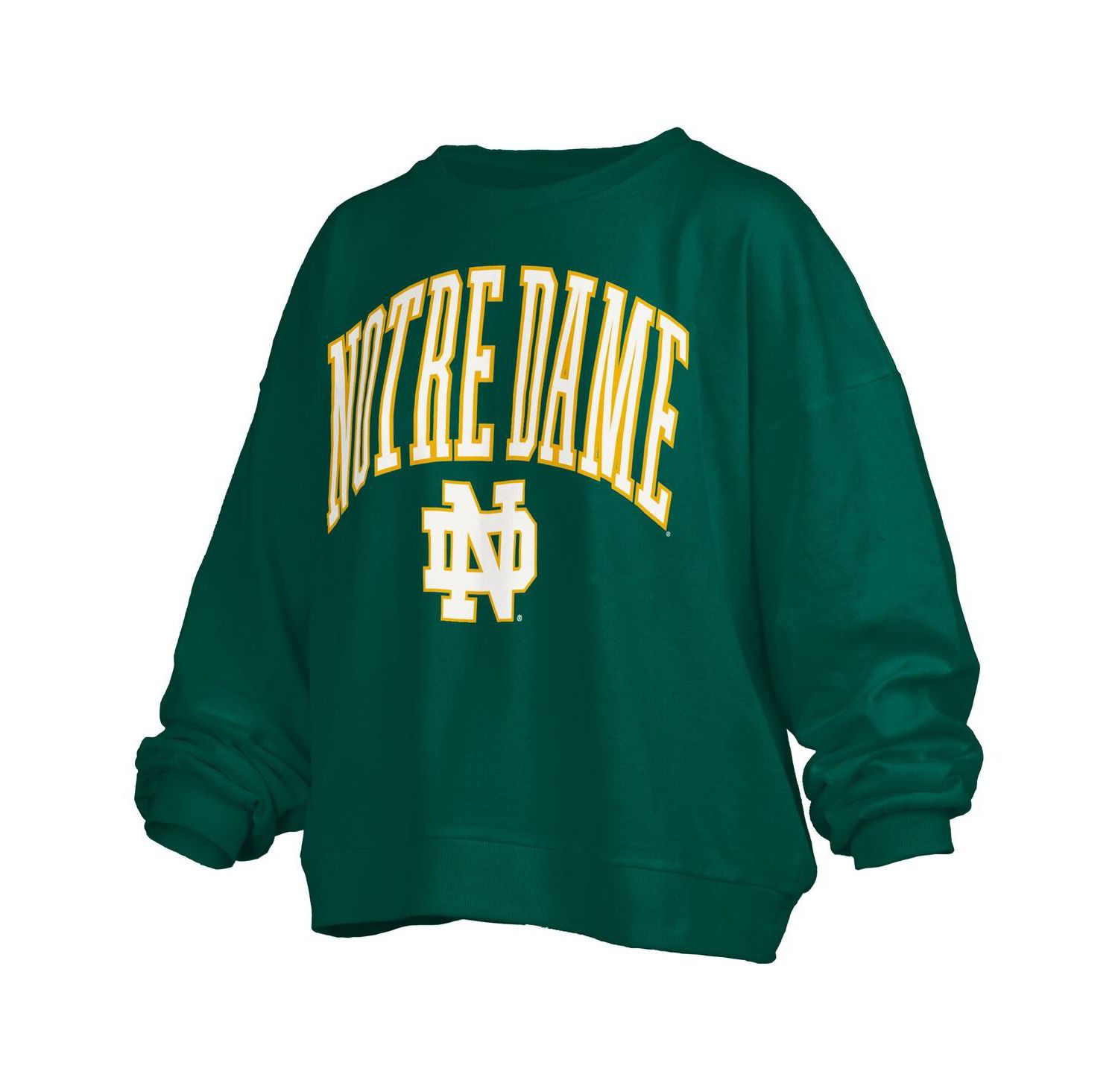 Women's Green Notre Dame Fighting Irish Janise Arch Over Logo Waist Length Oversized Pullover Sweatshirt