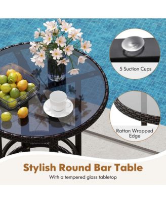 3 Pc Wicker Tempered Glass Patio Bar Set with Armchairs & Round Table