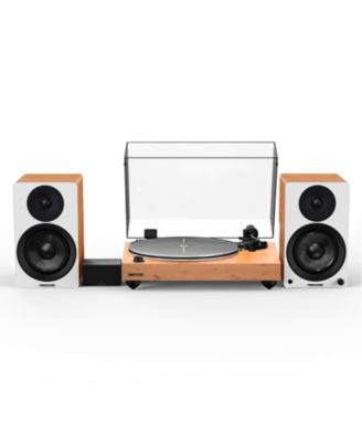 RT85N – Hi-fi vinyl turntable (white), PA10 preamp, Ai41 5" speakers (bamboo), MP-110 cartridge, 90W amp, Bluetooth – audio setup.