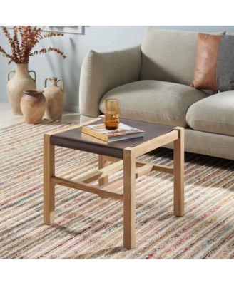 1 Pc Teak Wood & Leather Minimalist Multi-Use Ottoman Fully Assembled