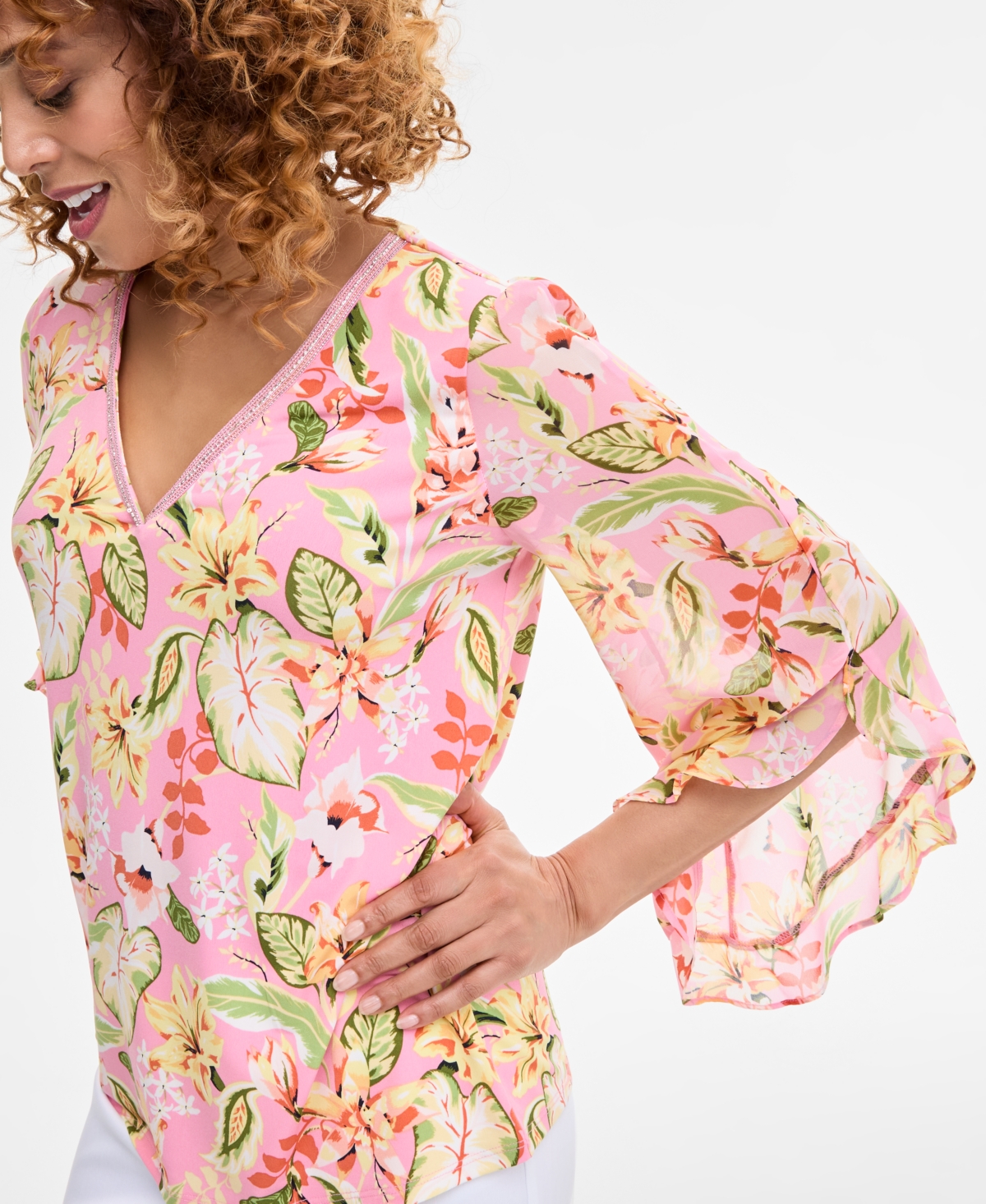 Jm Collection Women's Printed Embellished V-neck Ruffle-sleeve Top, Exclusively At Macy's In Pink