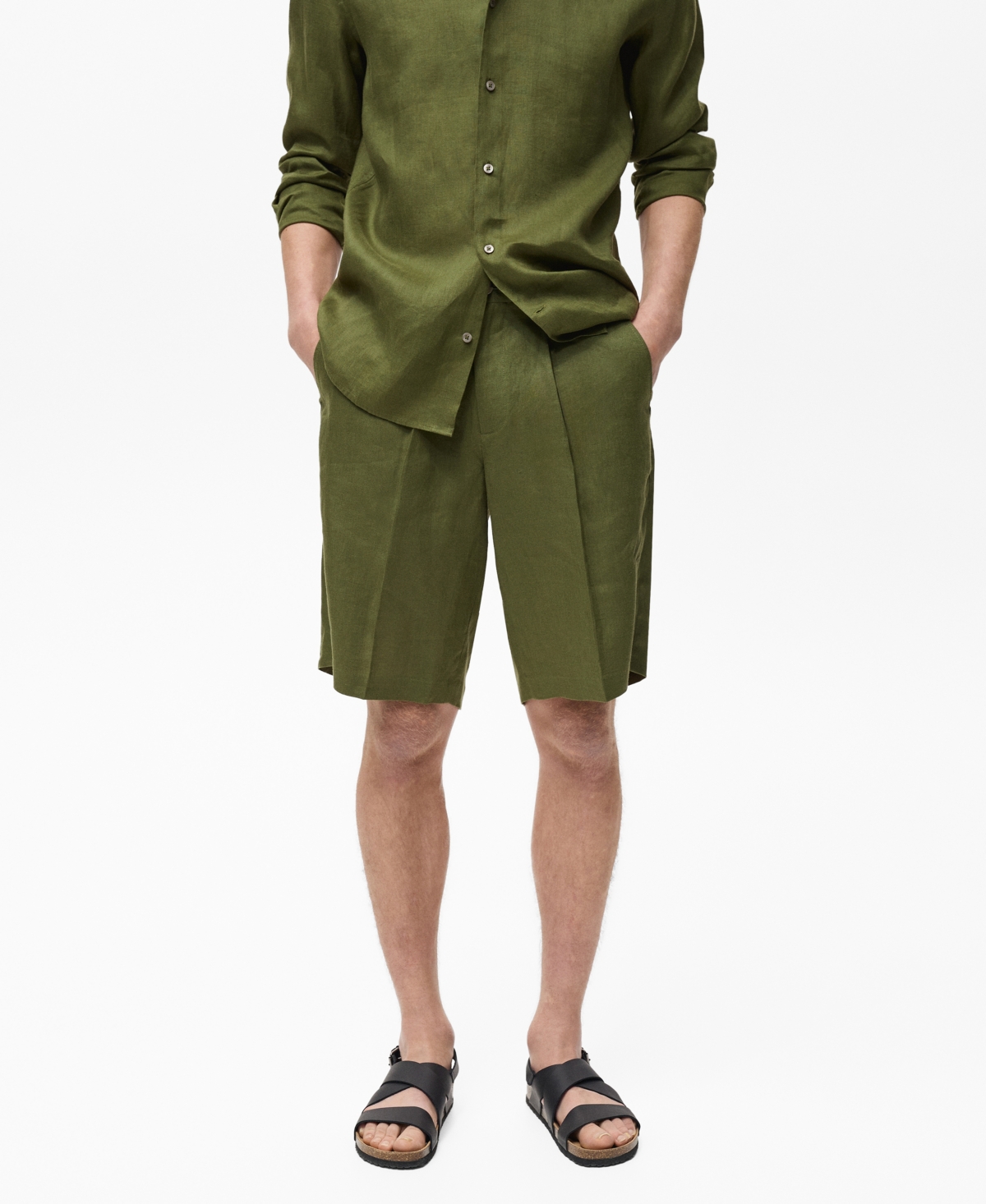 Men's Linen Bermuda Pleated Shorts - Green