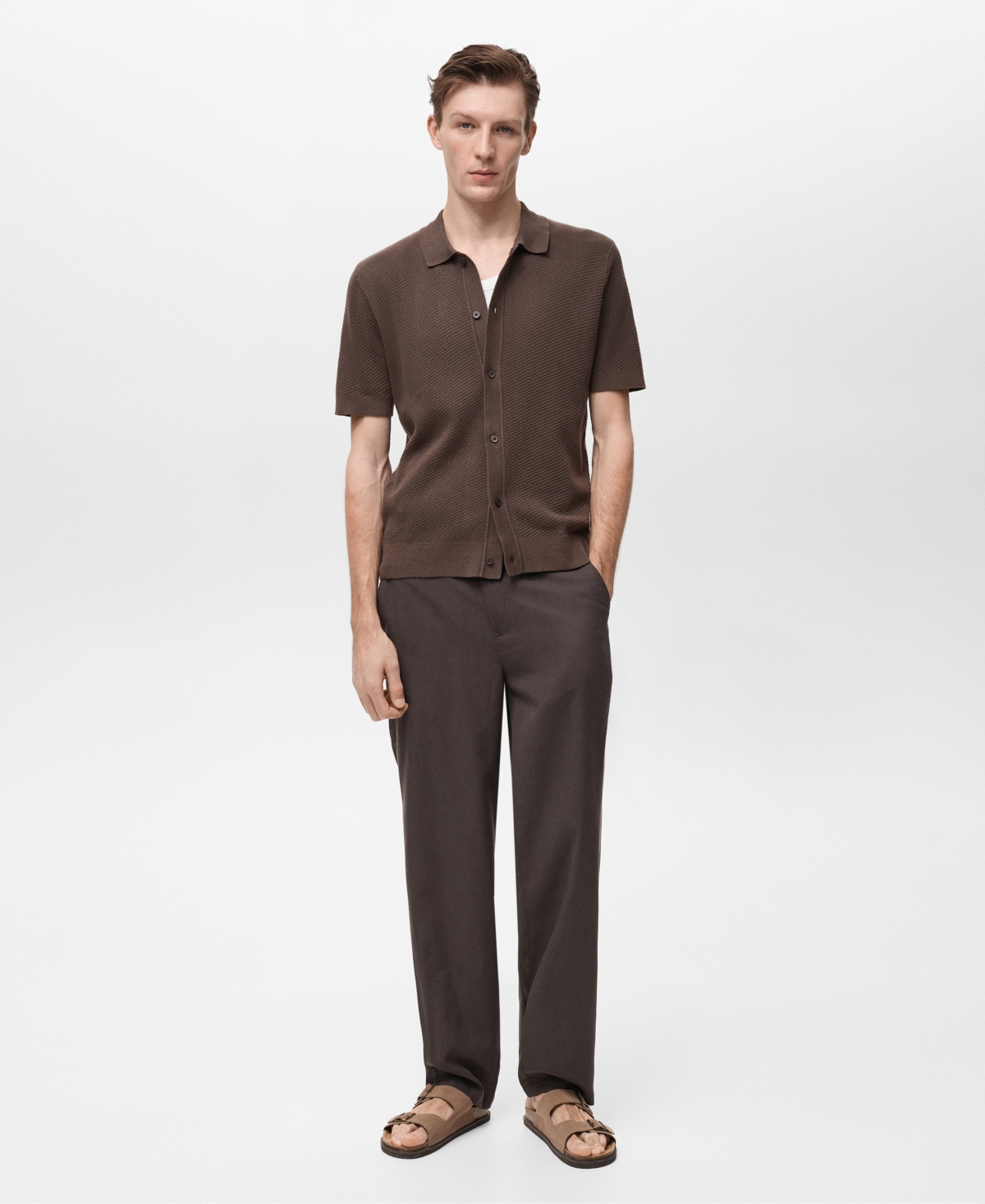 Men's Openwork Knit Structured Shirt - Chocolate
