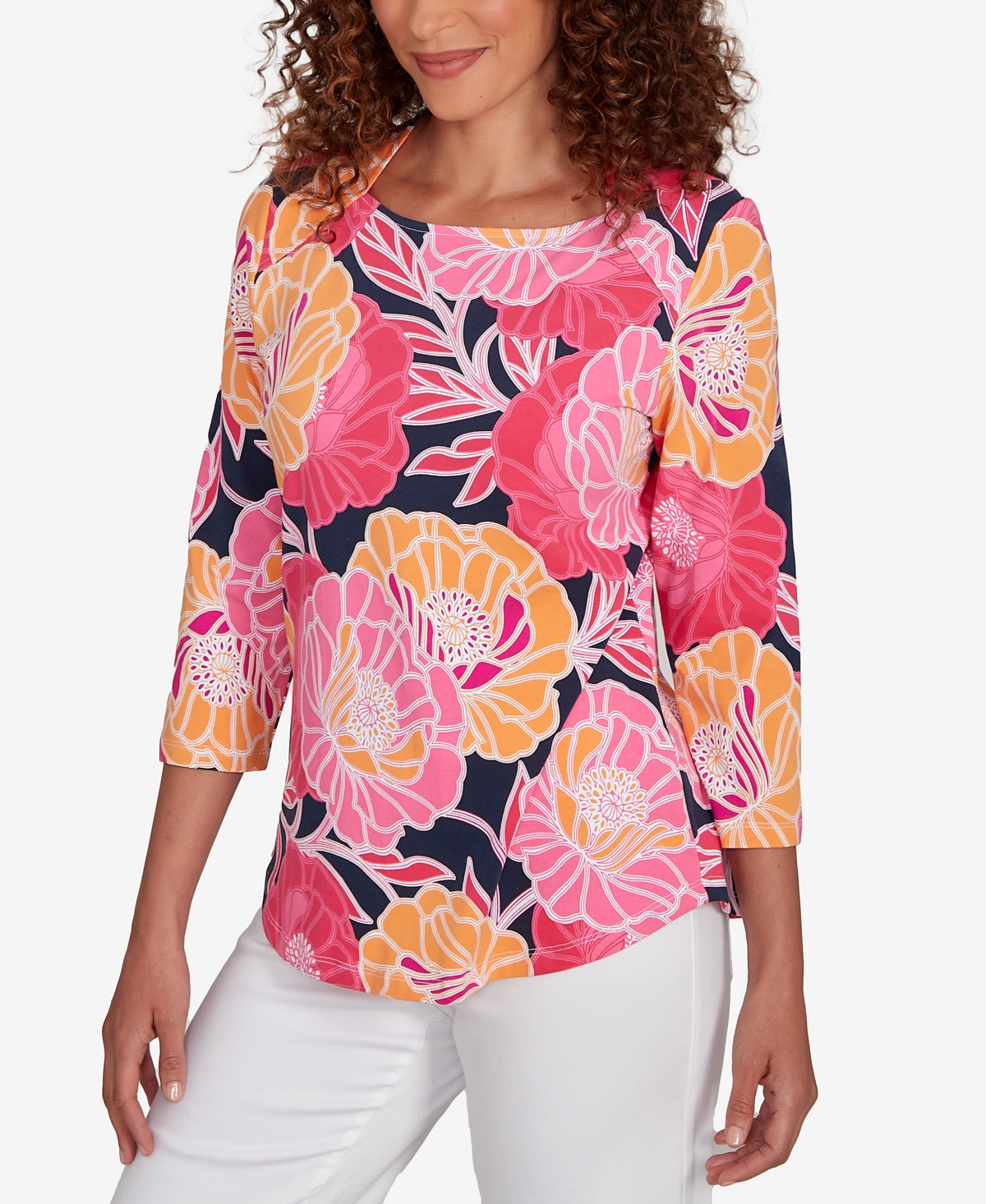 Ruby Rd. Petite Bold Poppies Envelope Neck Top In Multi