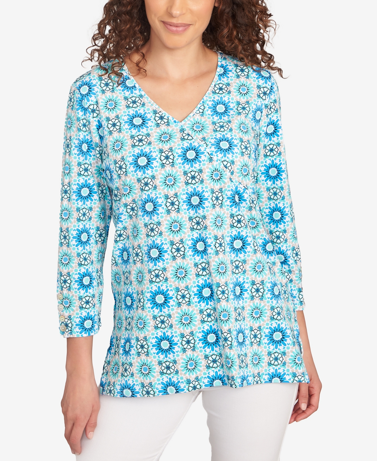 Petite Medallion Tile Floral Faux Surplice Top - Lagoon Multi