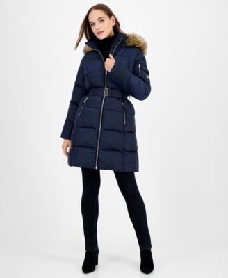 Women's Belted Hooded Faux-Fur-Trim Puffer Coat