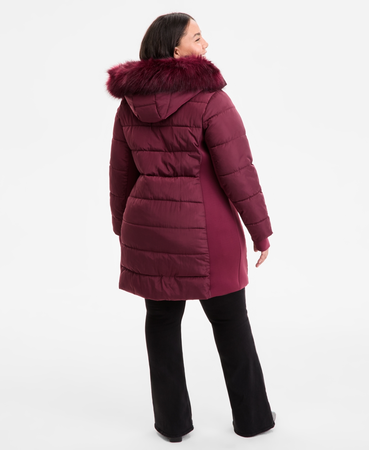 Michael Kors Michael  Plus Size Faux-fur-trim Hooded Puffer Coat, Exclusively At Macy's In Burgundy