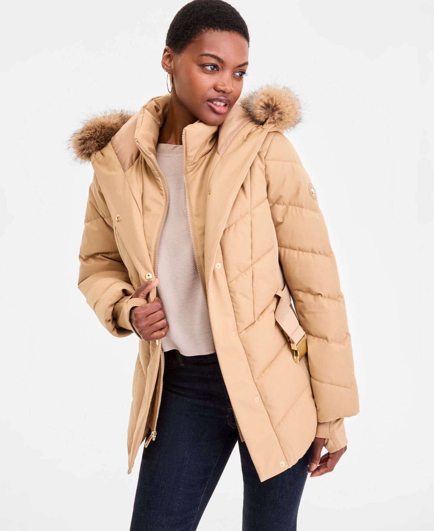Женская куртка MICHAEL Michael Kors Women's Faux-Fur-Trim Hooded Puffer, цвет: Хаки — фото 4