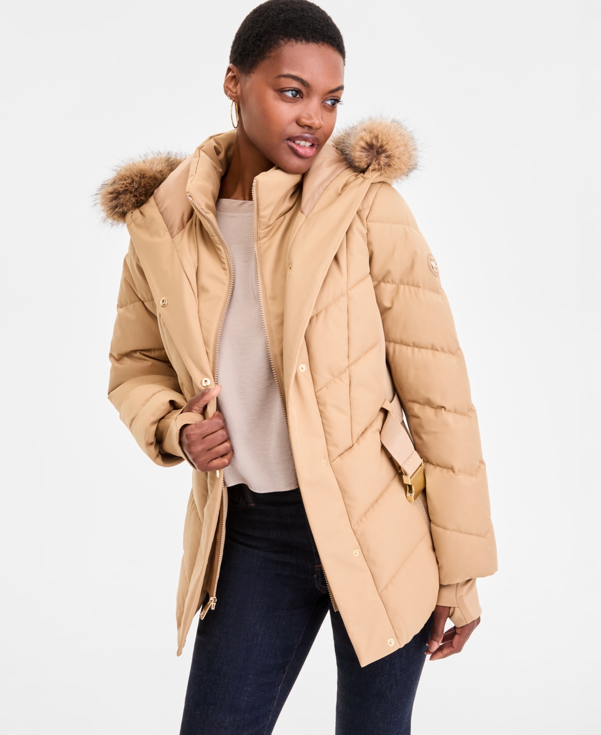 Michael Kors Michael  Women's Faux-fur-trim Hooded Puffer Coat In Brown