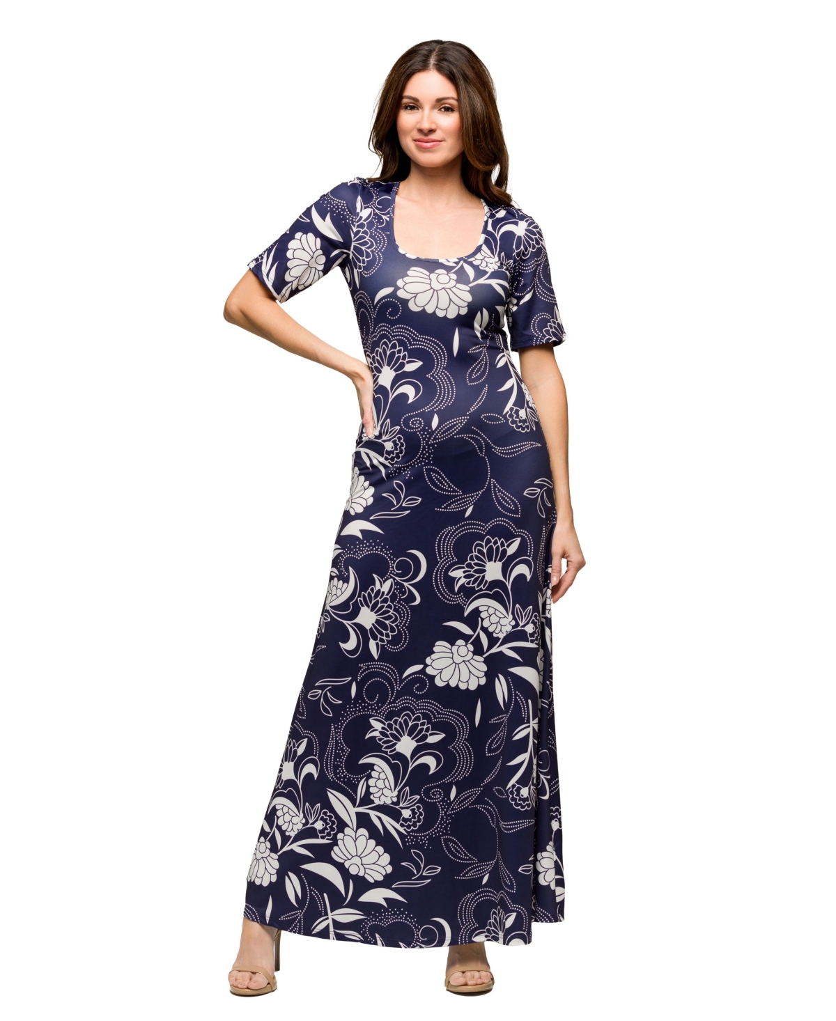 24seven Comfort Apparel Maternity Blue Floral Print Elbow Sleeve Casual A-line Maxi Dress In Grey Multi