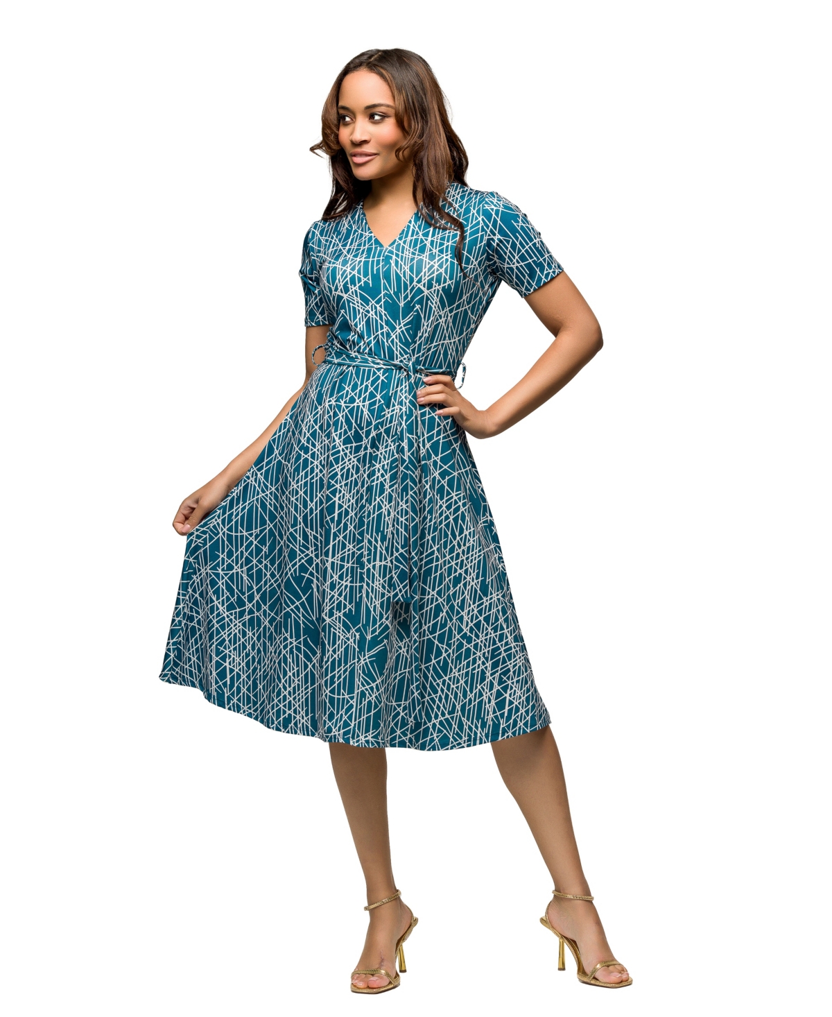 Women's Short Sleeve Tie Waist Midi Dress - Blue Multi