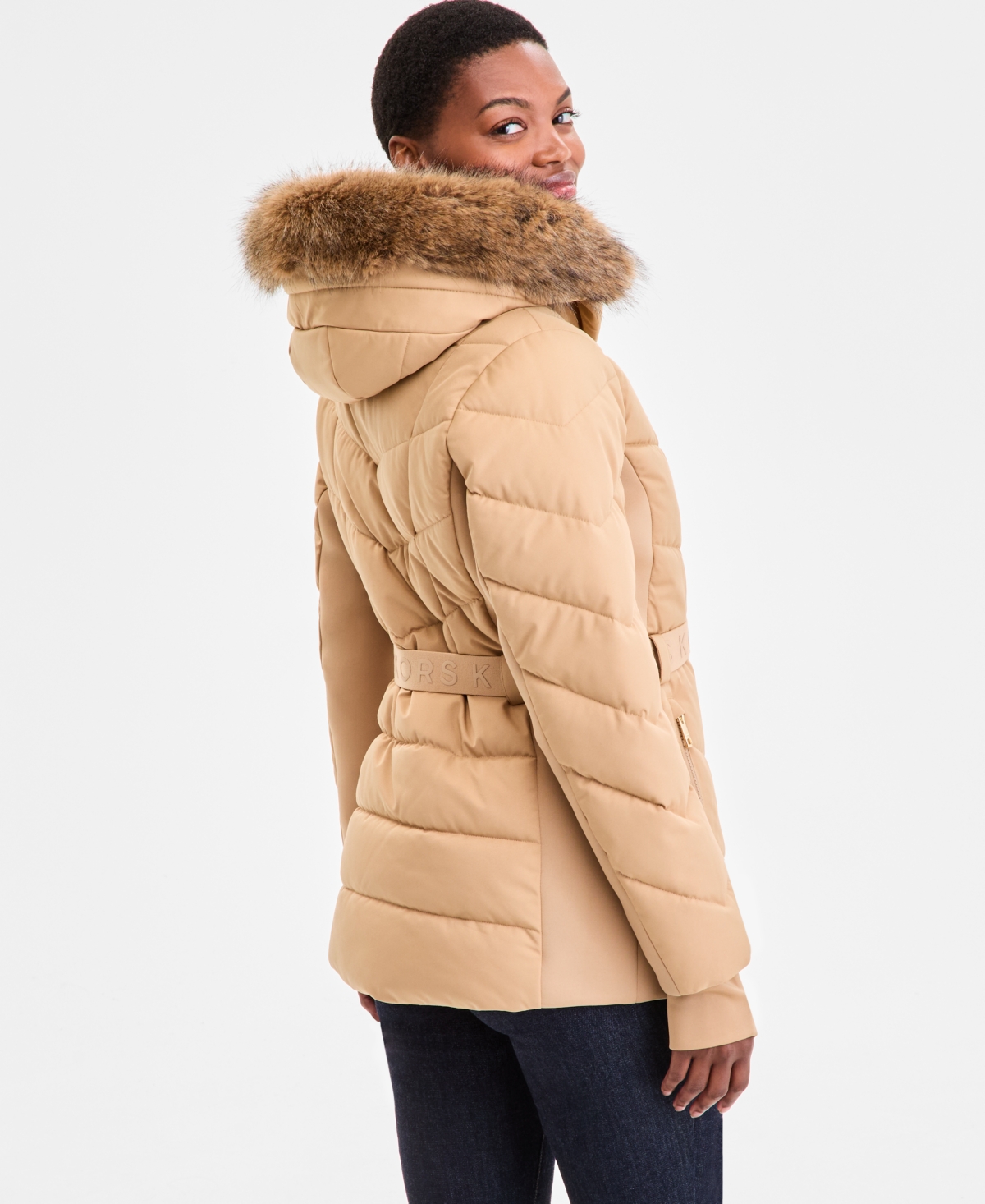 Michael Kors Michael  Women's Faux-fur-trim Hooded Puffer Coat In Brown