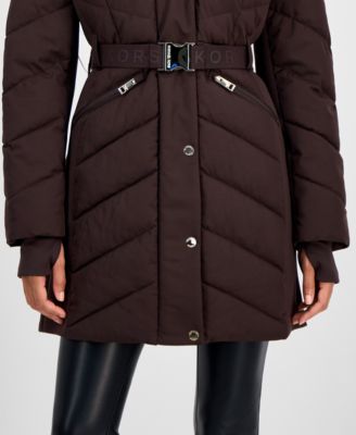 Women's Faux-Fur-Trim Hooded Belted Puffer Coat