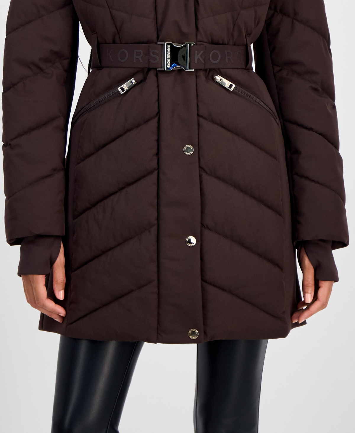 Michael Kors Michael  Women's Faux-fur-trim Hooded Belted Puffer Coat In Brown