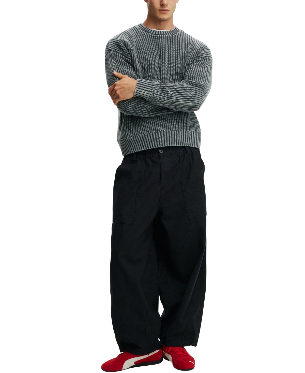 COTTON ON MEN'S WASHED BOX FIT CREW KNIT SWEATER 