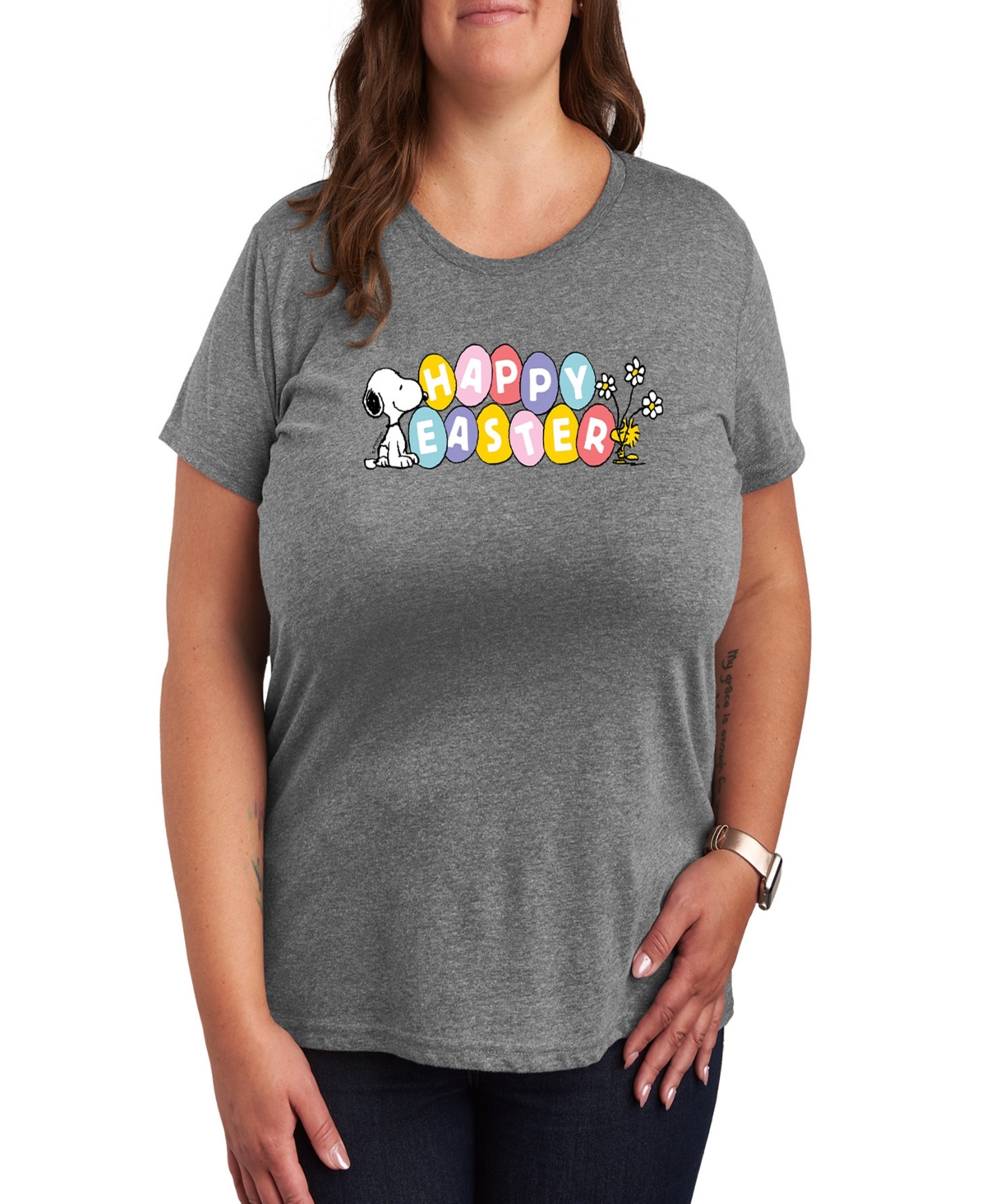 Hybrid Apparel Plus Size Peanuts Happy Easter Graphic Crew Neck T-shirt In Gray