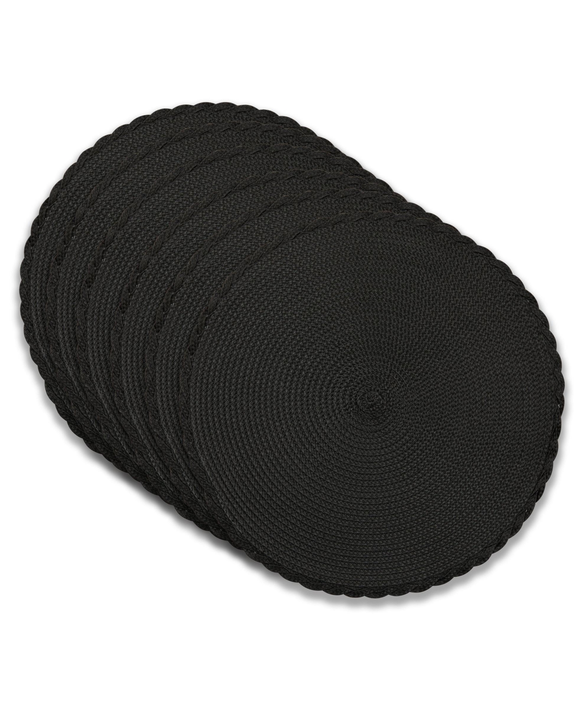 Braided 15" Round Woven Placemats Set of 6 - Durable, Reversible & Non-Slip Table Mats - Black