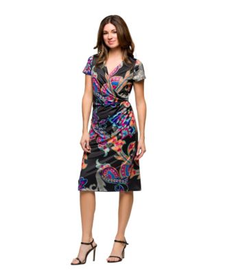 Women's Paisley Knee Length Short Sleeve Faux Wrap Dress