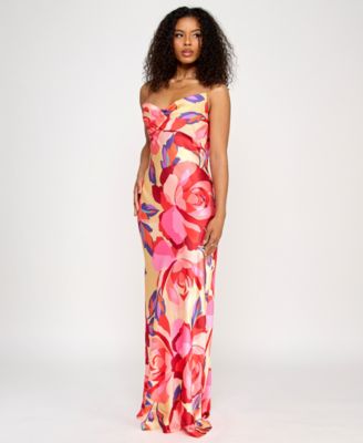 Juniors' Printed Open-Back Gown