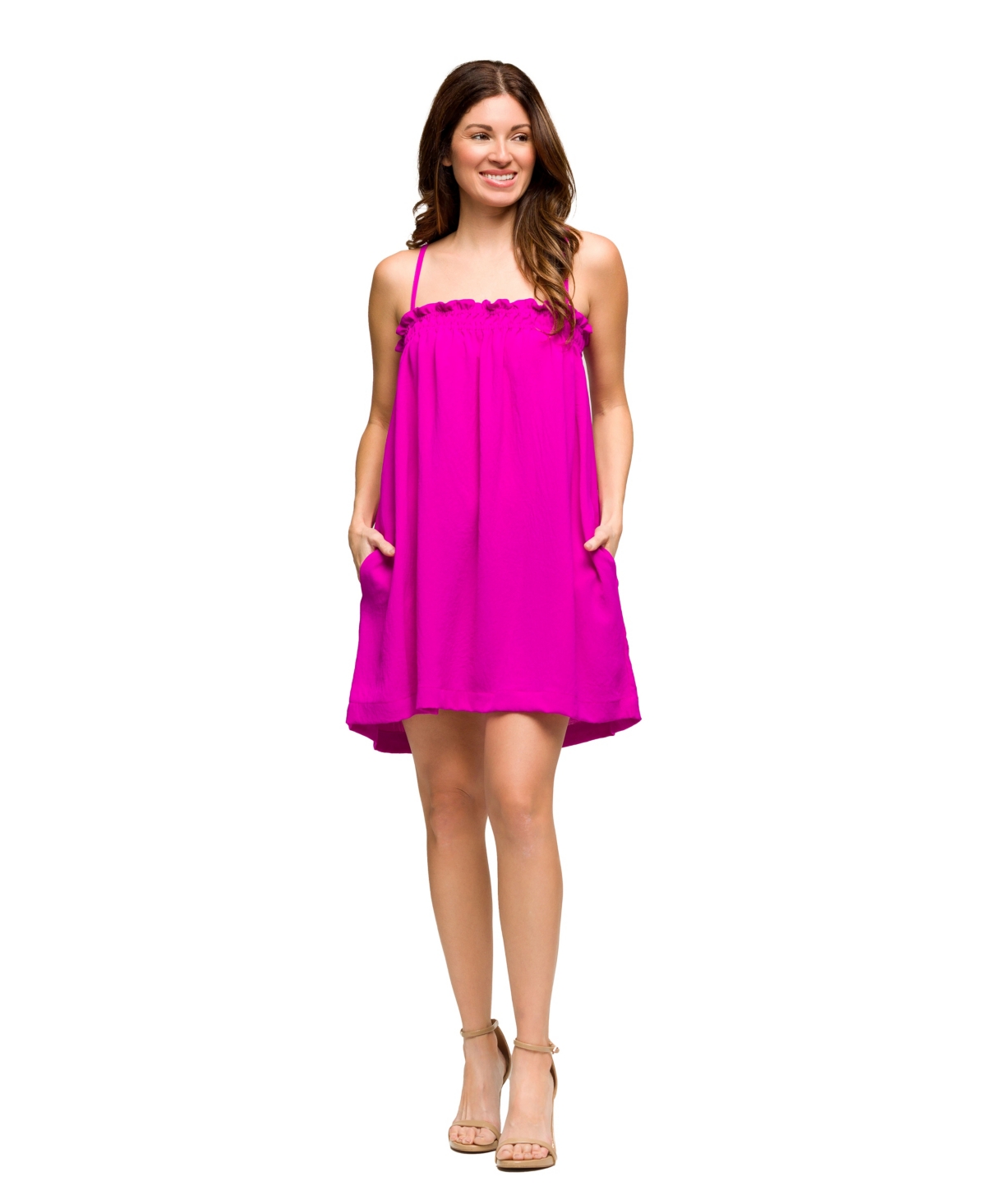 Women's Square Neck Spaghetti Strap Smocked Pocket Mini Dress - Magenta