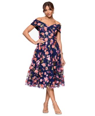 XSCAPE - Petite Off-The-Shoulder Embroidered Midi Dress