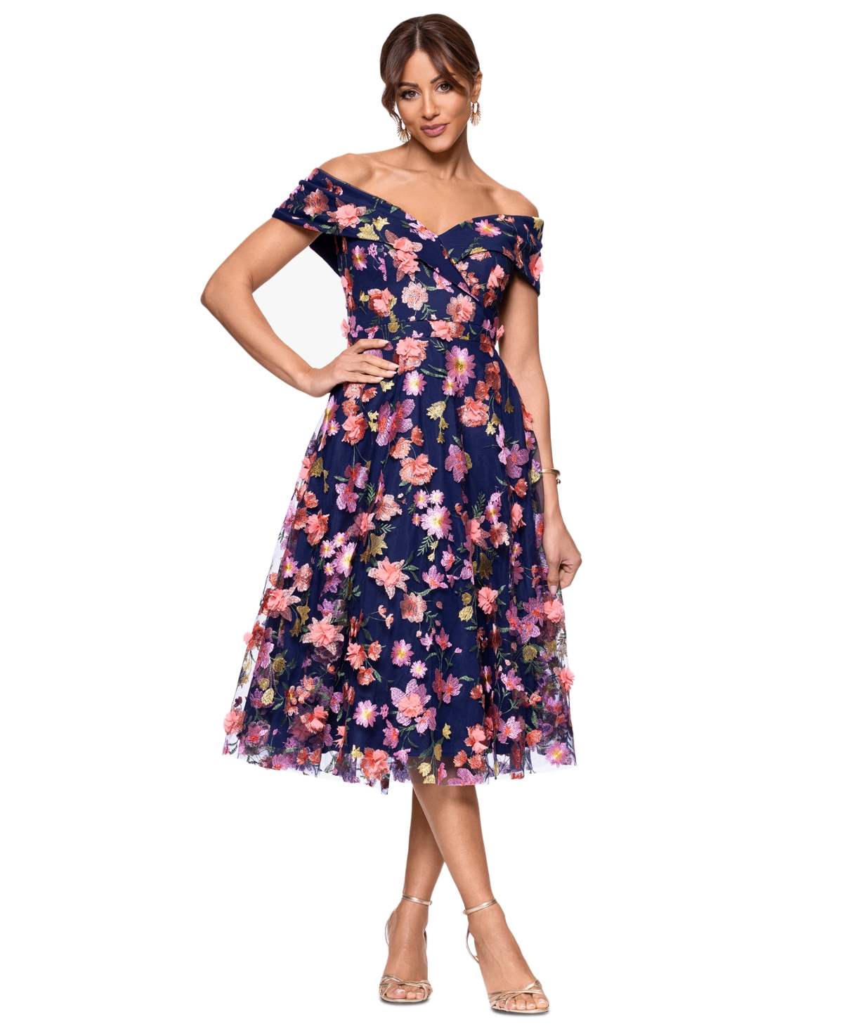 Xscape Plus Size 3d-floral Embroidered Off-the-shoulder Dress In Multi