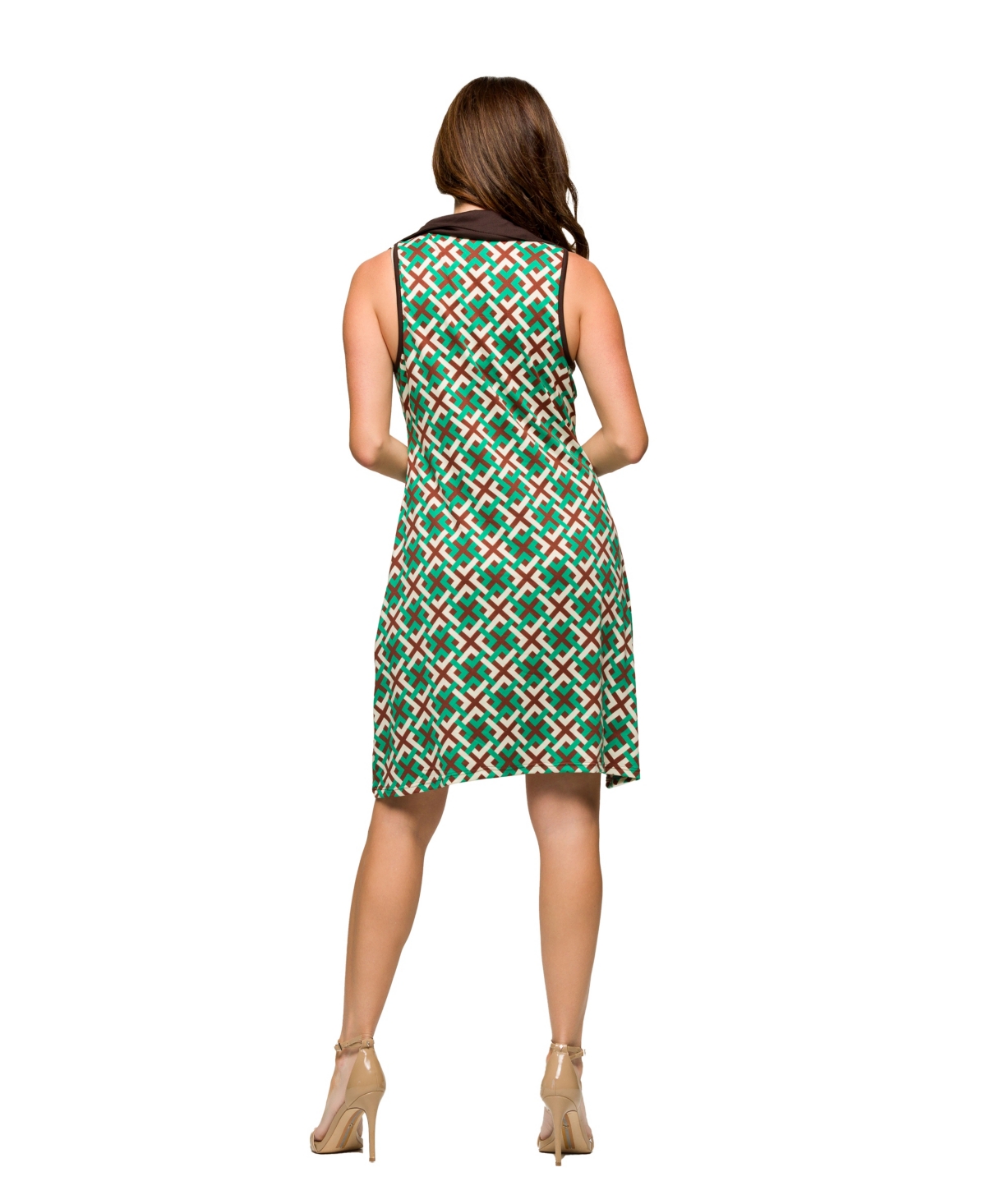 24seven Comfort Apparel Maternity Brown And Green Sleeveless Collared Mini Dress In Multi