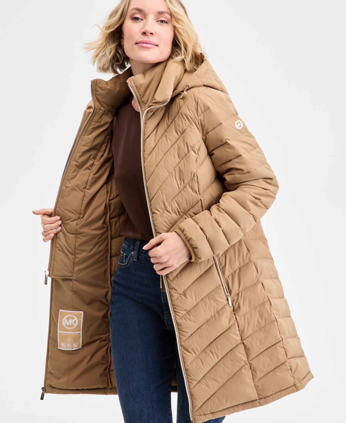 Michael Kors Michael  Petite Hooded Bibbed Puffer Coat In Brown