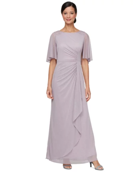 Petite Metallic A-Line Cape Gown - Mauve
