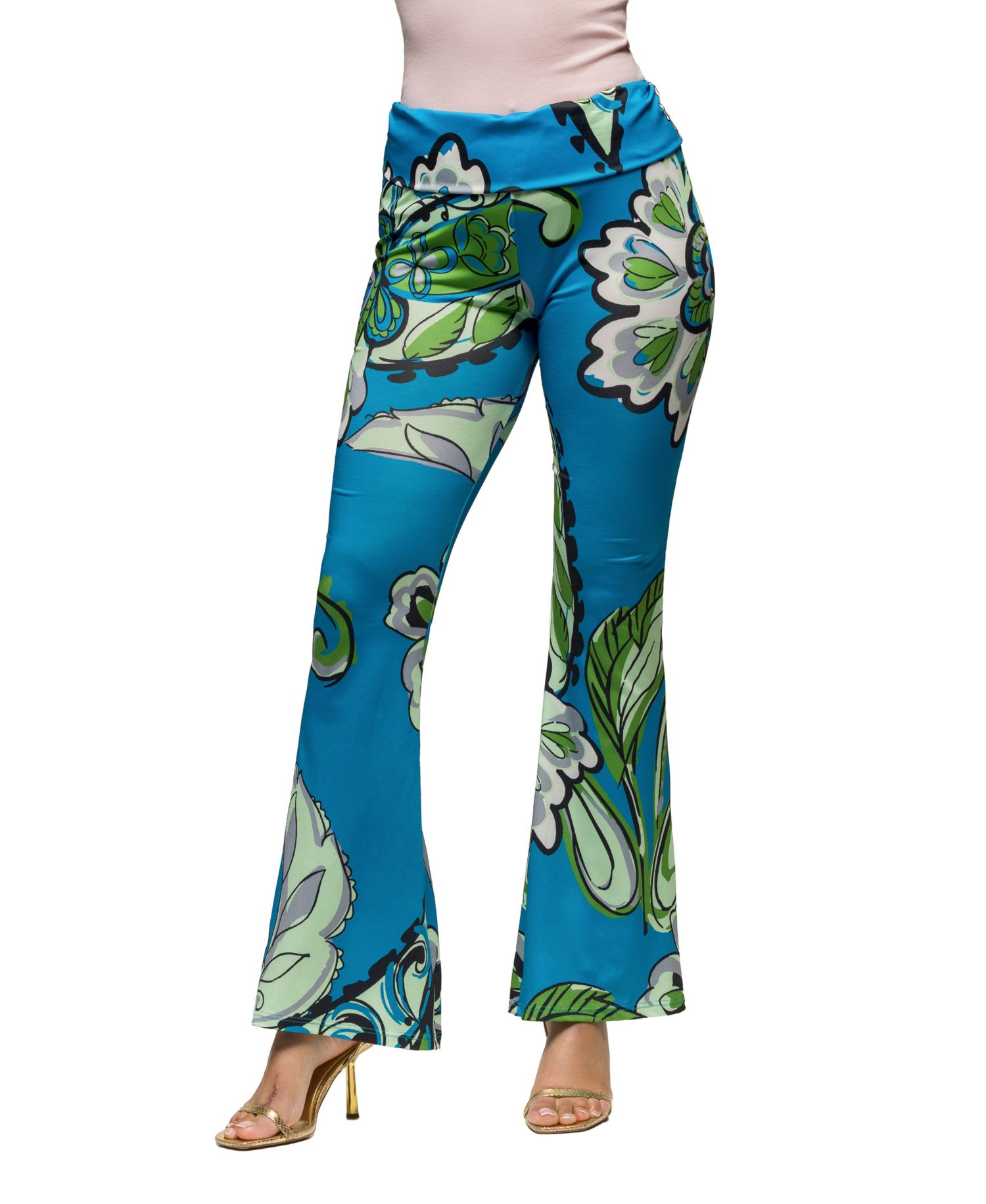 Women's Teal Paisley Print Bell Bottom Foldover Waist Pants