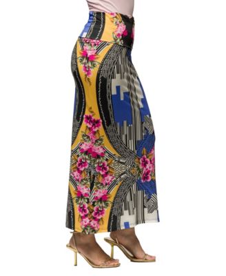 Women's Multicolor Floral Print Fold Over Waist Maxi Skirt