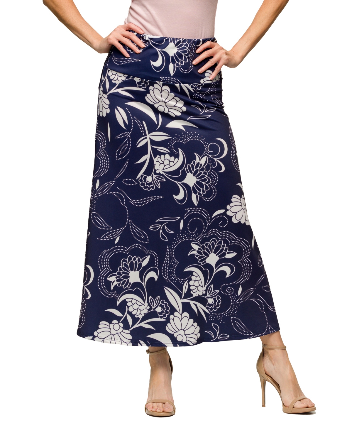 24SEVEN COMFORT APPAREL WOMEN'S NAVY FLORAL PRINT ELASTIC WAIST A LINE MAXI SKIRT 