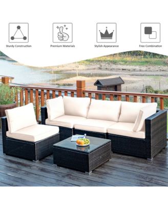 5PCS Patio Rattan Furniture Set Cushioned Sofa Chair Coffee Table