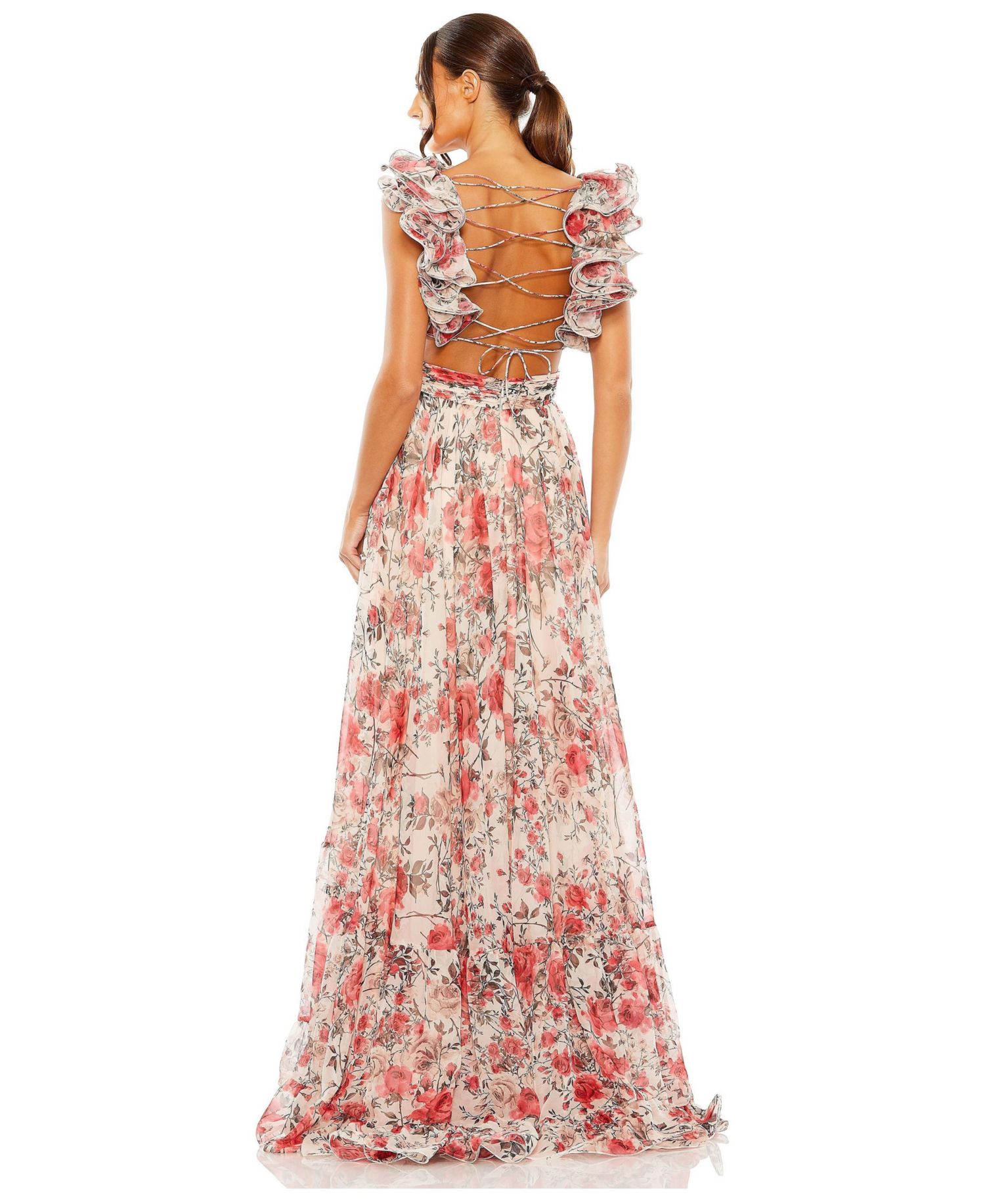 Women's Ruffle Tiered Floral Cut-Out Chiffon Gown