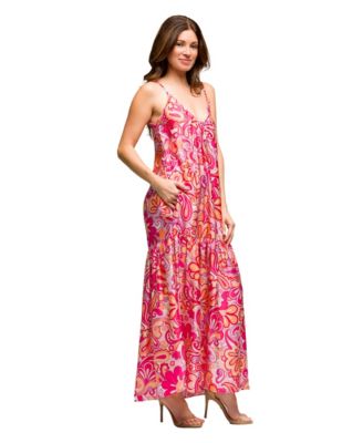 Women's Pink Print Lightweight Spaghetti Strap Pocket Maxi Dress