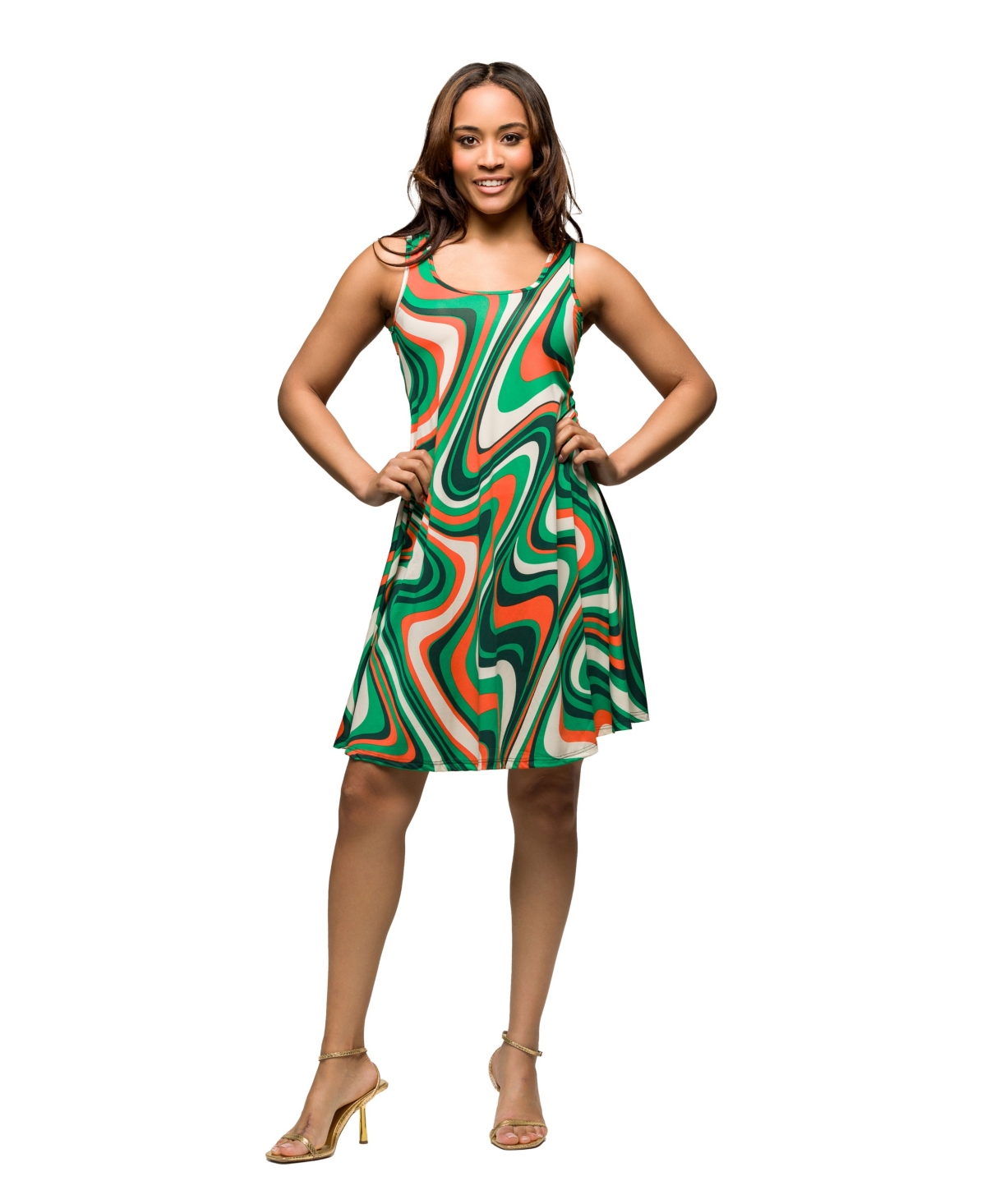 Women's Green Print Sleeveless Knee Length Tank Swing Dress - Green Mult