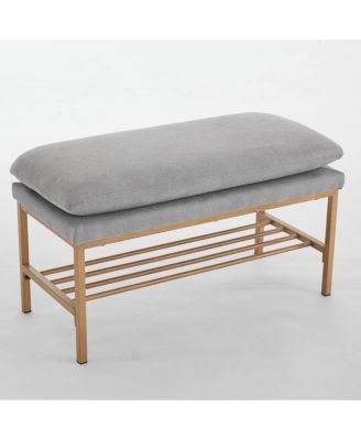 Upholstered End of Bed Bench with Storage Shelf and Shoe Rack Ottoman for Entryway or Bedroom