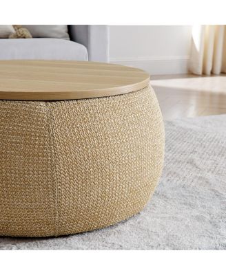 2 in 1 Round Storage Ottoman with Hidden Stool and Wood Top Rattan Fabric Coffee Table for Living Room Bedroom No Assembly Needed-The Pop Home