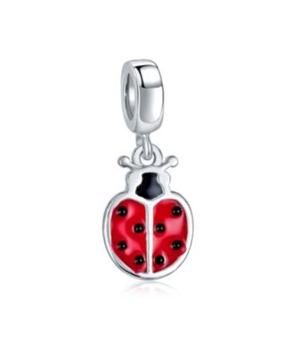 Set of 2 Insect Garden Ladybugs Red CZ Dangle Charm Bead Enamel Sterling Silver