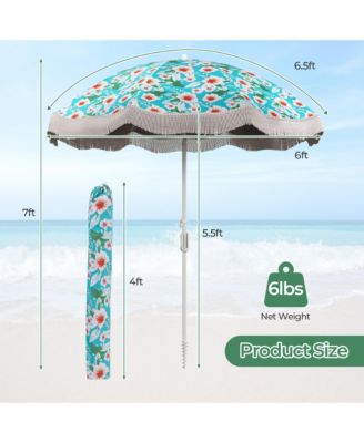 6.5 FT Beach Umbrella w/ Fringe Tassel Umbrella w/ Push Button Tilt Sand Anchor