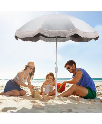 6.5 FT Beach Umbrella w/ Fringe Tassel Umbrella w/ Push Button Tilt Sand Anchor
