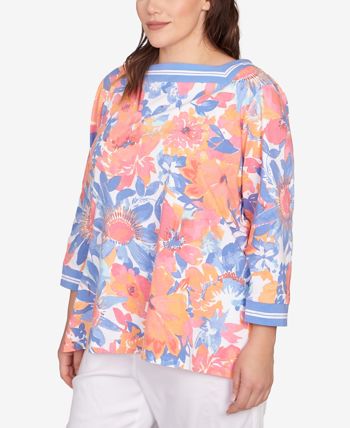 Ruby Rd. Plus Size Floral Striped Trim Top