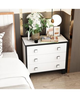 Bedside table with three drawers, side table with square handles, white wooden end table, suitable for bedrooms, living rooms, offices