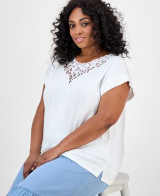 Plus Size Lace-Trim Dolman-Sleeve Top