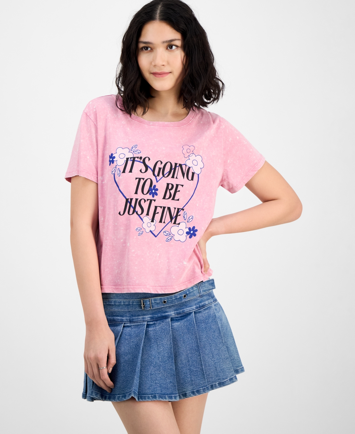 Juniors' It's Going to be Just Fine Mineral Wash Cotton Graphic T-Shirt - Pink