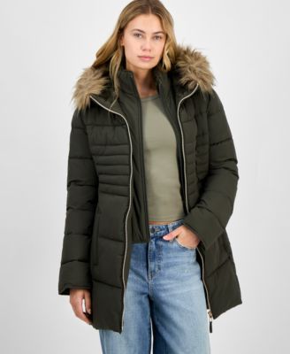 Juniors' Faux-Fur Hooded Bibbed Puffer Coat