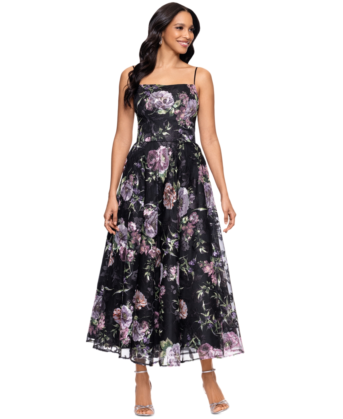 Betsy & Adam Print Embroidered Sleeveless Gown