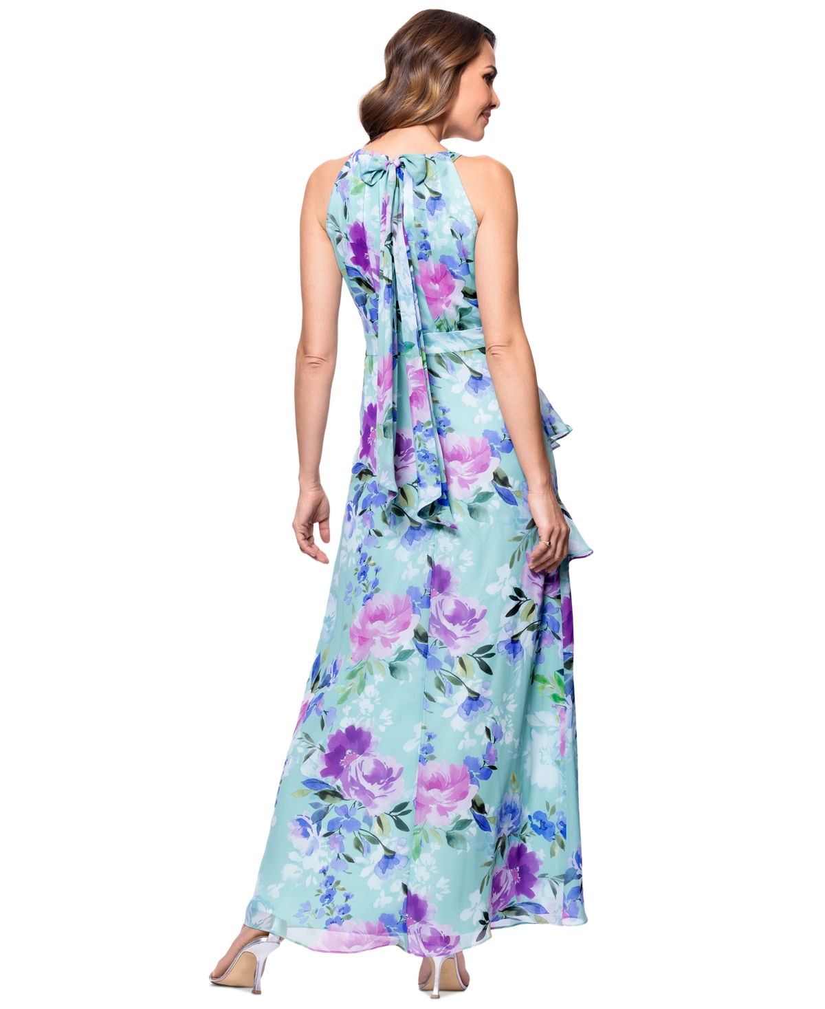 BETSY & ADAM BETSY & ADAM PETITE PRINTED HALTER-NECK RUFFLED SLEEVELESS GOWN 